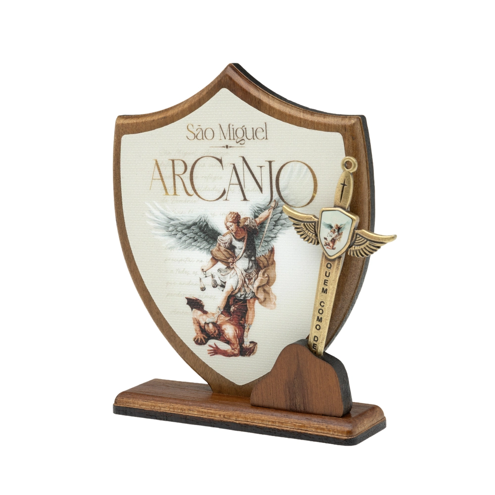 Adorno Madeira Escudo e Espada São Miguel Arcanjo