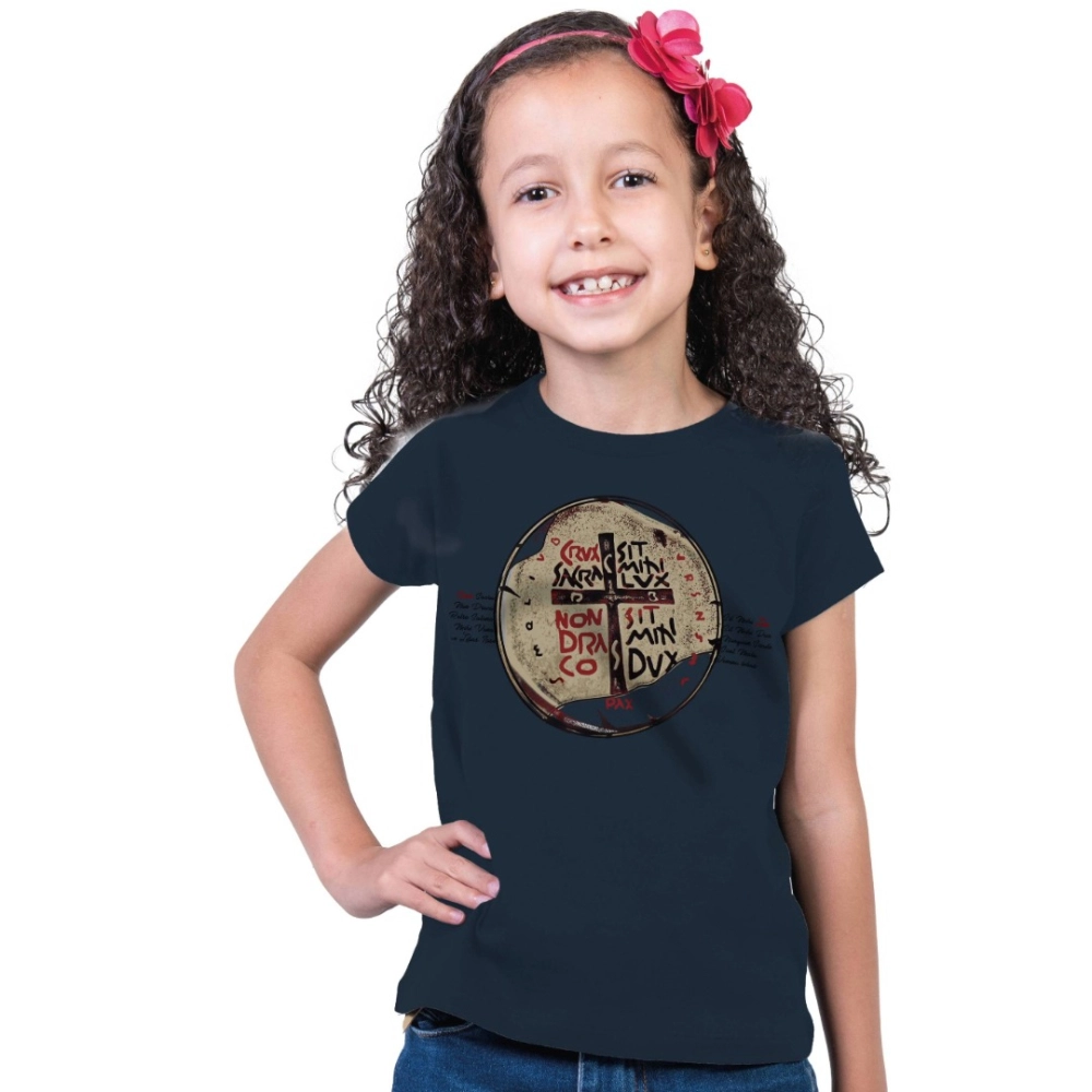 Baby Look Infantil Medalha das Duas Cruzes - Marinho Safira Baby Look Infantil Medalha das Duas Cruzes - Marinho Safira