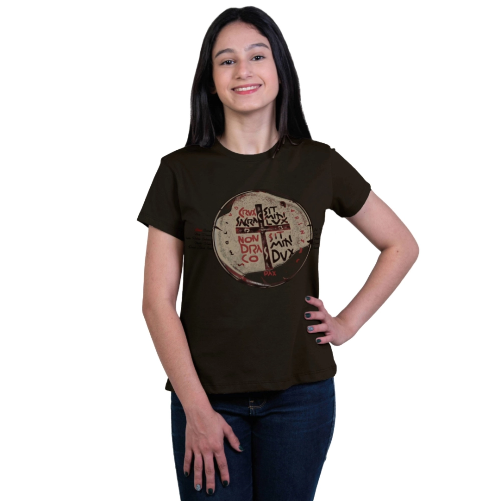 Baby Look Juvenil Medalha das Duas Cruzes - Cacau Baby Look Juvenil Medalha das Duas Cruzes - Cacau