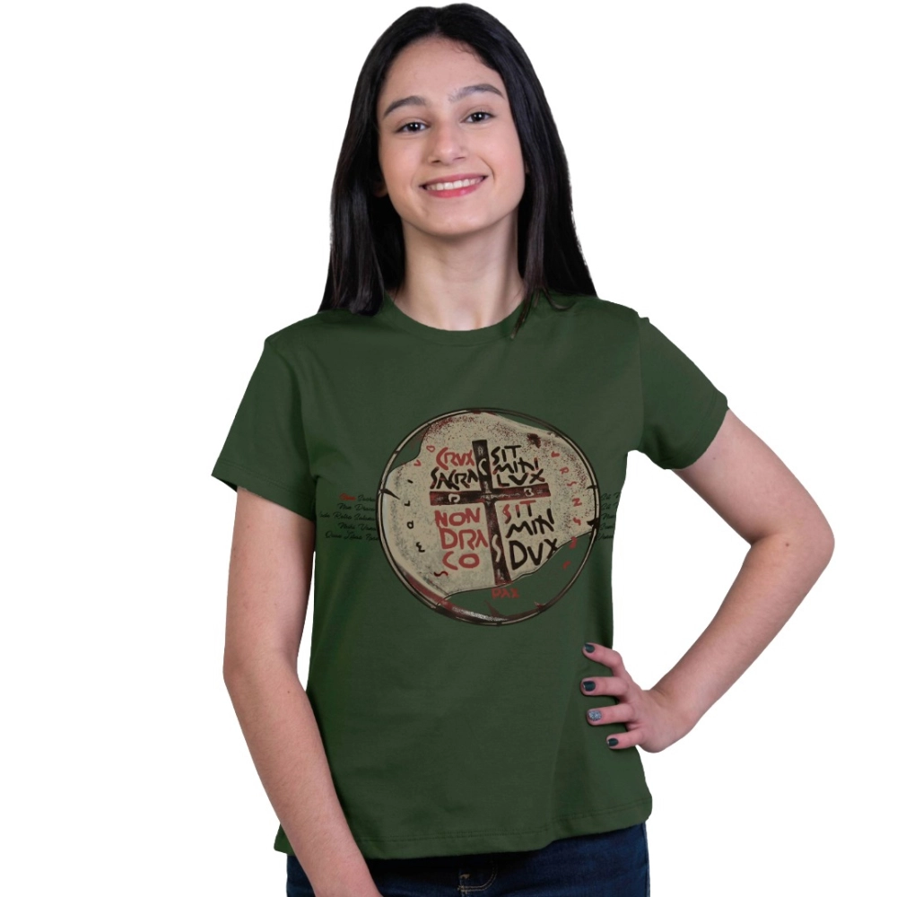 Baby Look Juvenil Medalha das Duas Cruzes - Verde Militar Baby Look Juvenil Medalha das Duas Cruzes - Verde Militar