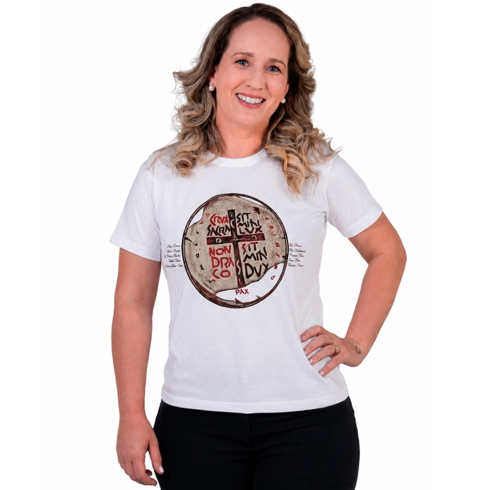 Baby Look Medalha das Duas Cruzes - Branco Baby Look Medalha das Duas Cruzes - Branco