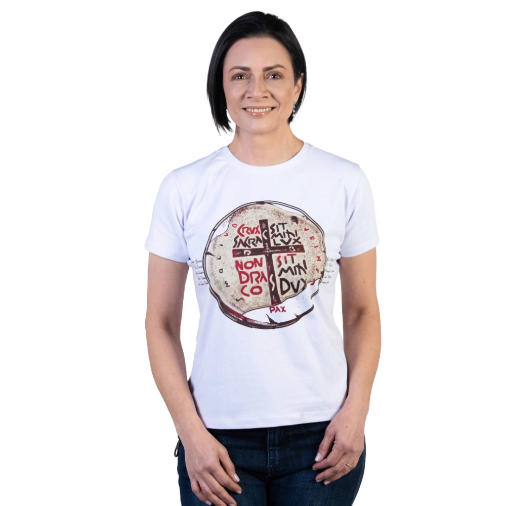 Baby Look Medalha das Duas Cruzes - Branco Baby Look Medalha das Duas Cruzes - Branco