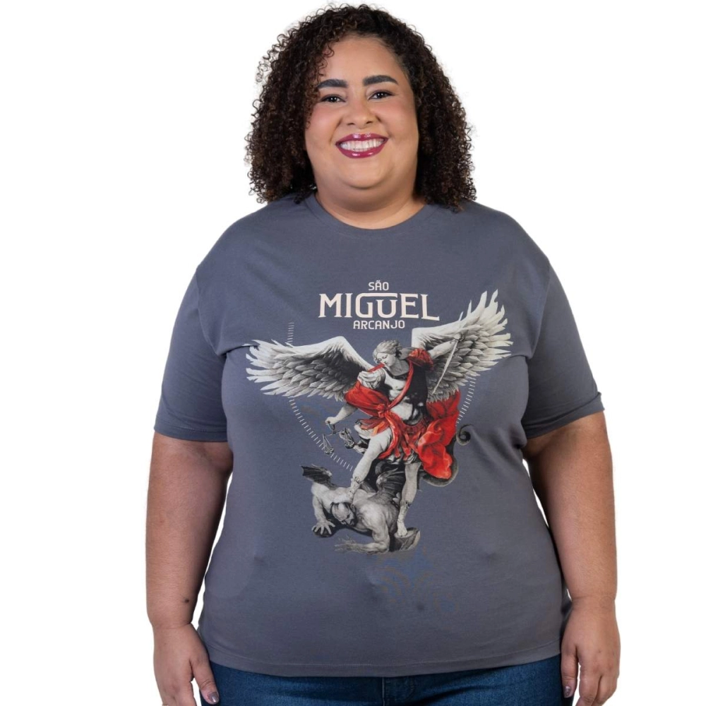 Baby Look Plus Size São Miguel Arcanjo - Cinza Metal Baby Look Plus Size São Miguel Arcanjo - Cinza Metal