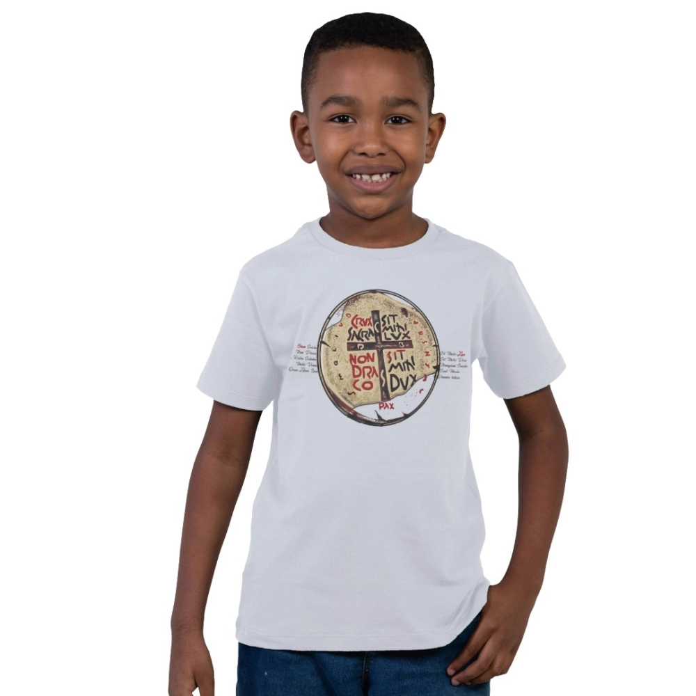 Camiseta Infantil Medalha das Duas Cruzes - Branco Camiseta Infantil Medalha das Duas Cruzes - Branco