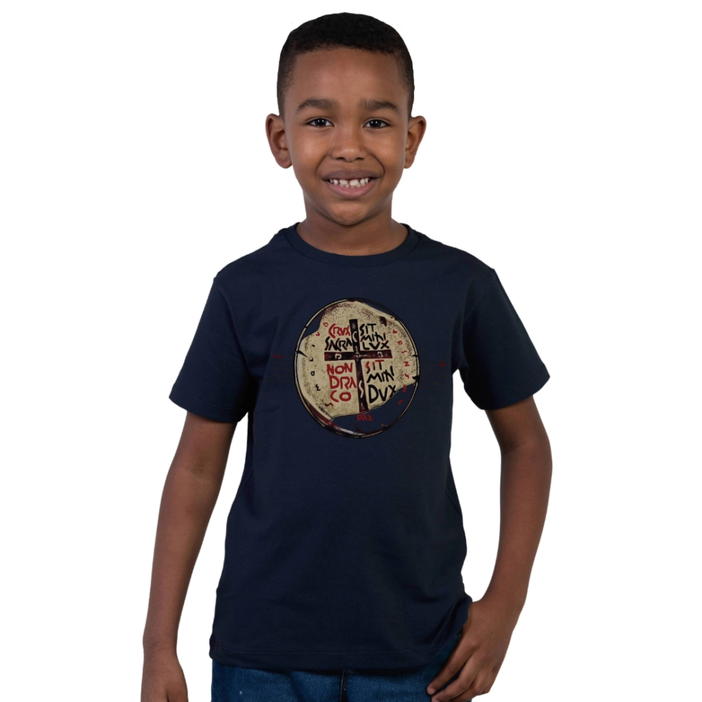 Camiseta Infantil Medalha das Duas Cruzes - Marinho Safira Camiseta Infantil Medalha das Duas Cruzes - Marinho Safira