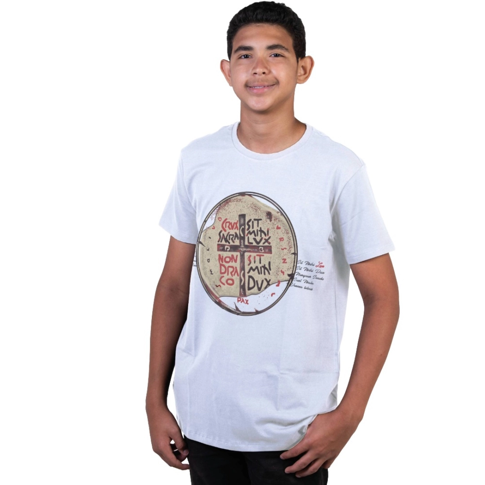 Camiseta Juvenil Medalha das Duas Cruzes - Branco Camiseta Juvenil Medalha das Duas Cruzes - Branco