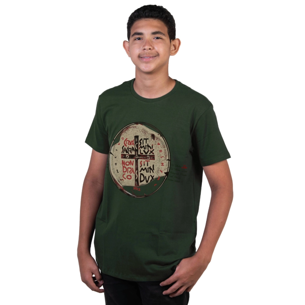 Camiseta Juvenil Medalha das Duas Cruzes - Verde Militar Camiseta Juvenil Medalha das Duas Cruzes - Verde Militar