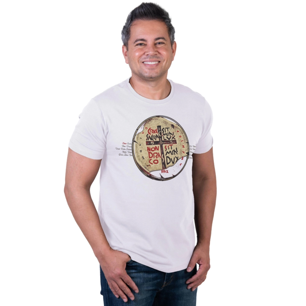 Camiseta Slim Medalha das Duas Cruzes - Branco