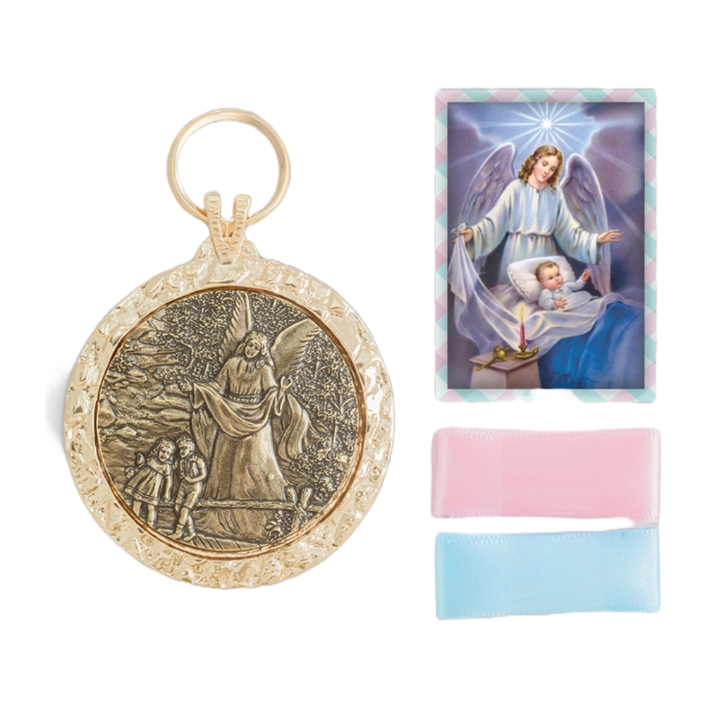 Medalhão de Berço Anjo Protetor Níquel Ouro Velho Medalhão de Berço Anjo Protetor Níquel Ouro Velho