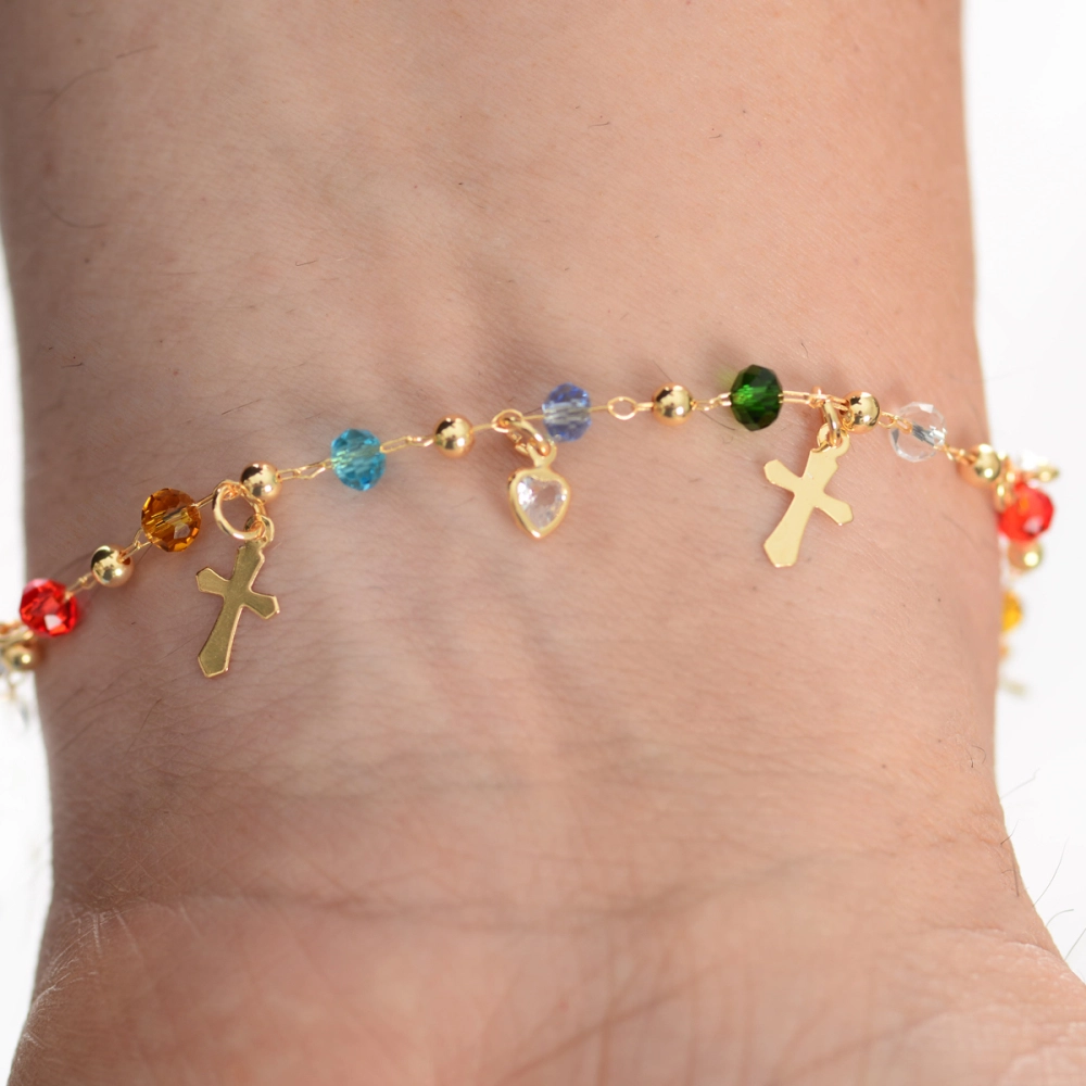 Pulseira Cristais Coloridos e Cruz