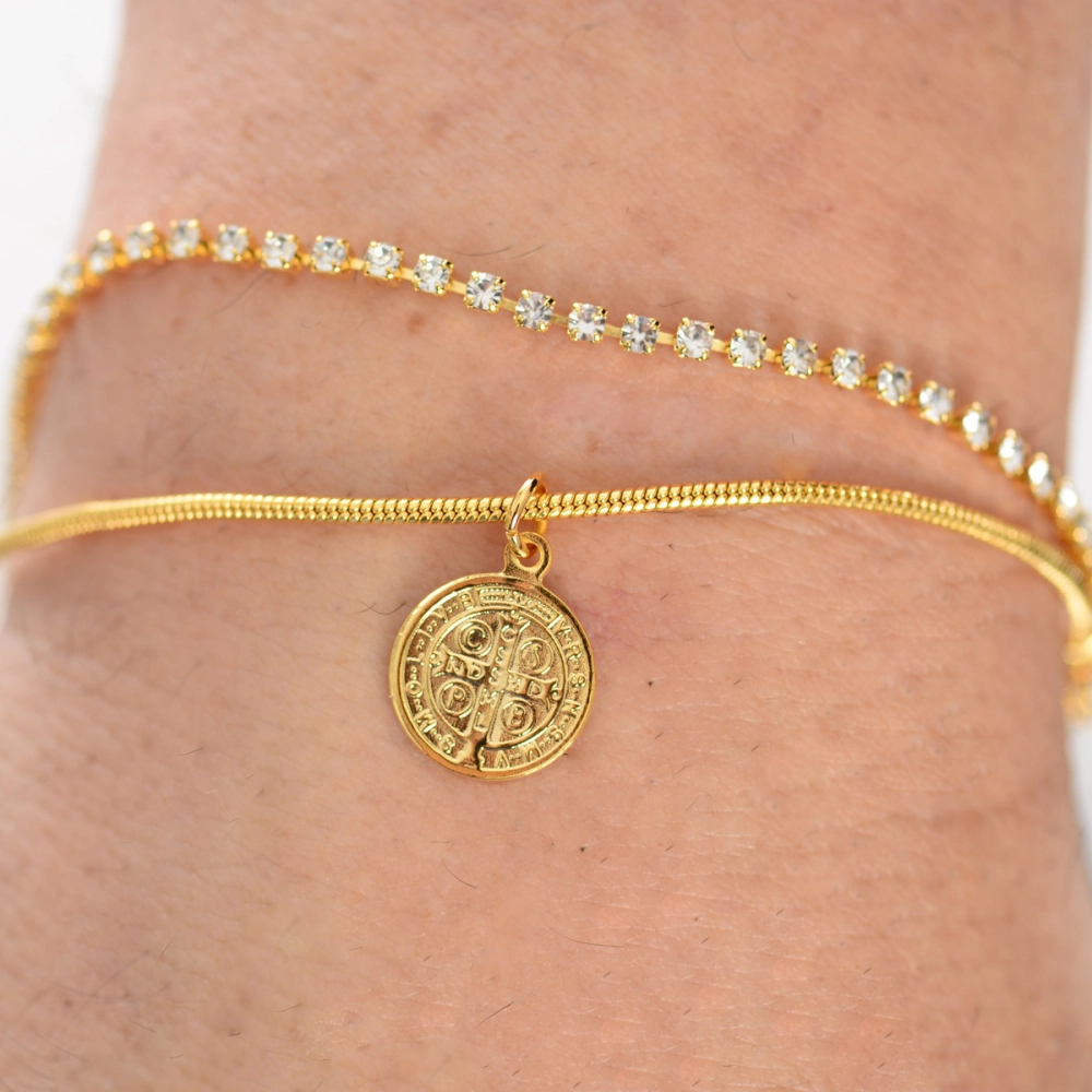 Pulseira Dupla Zircônia e Medalha de São Bento