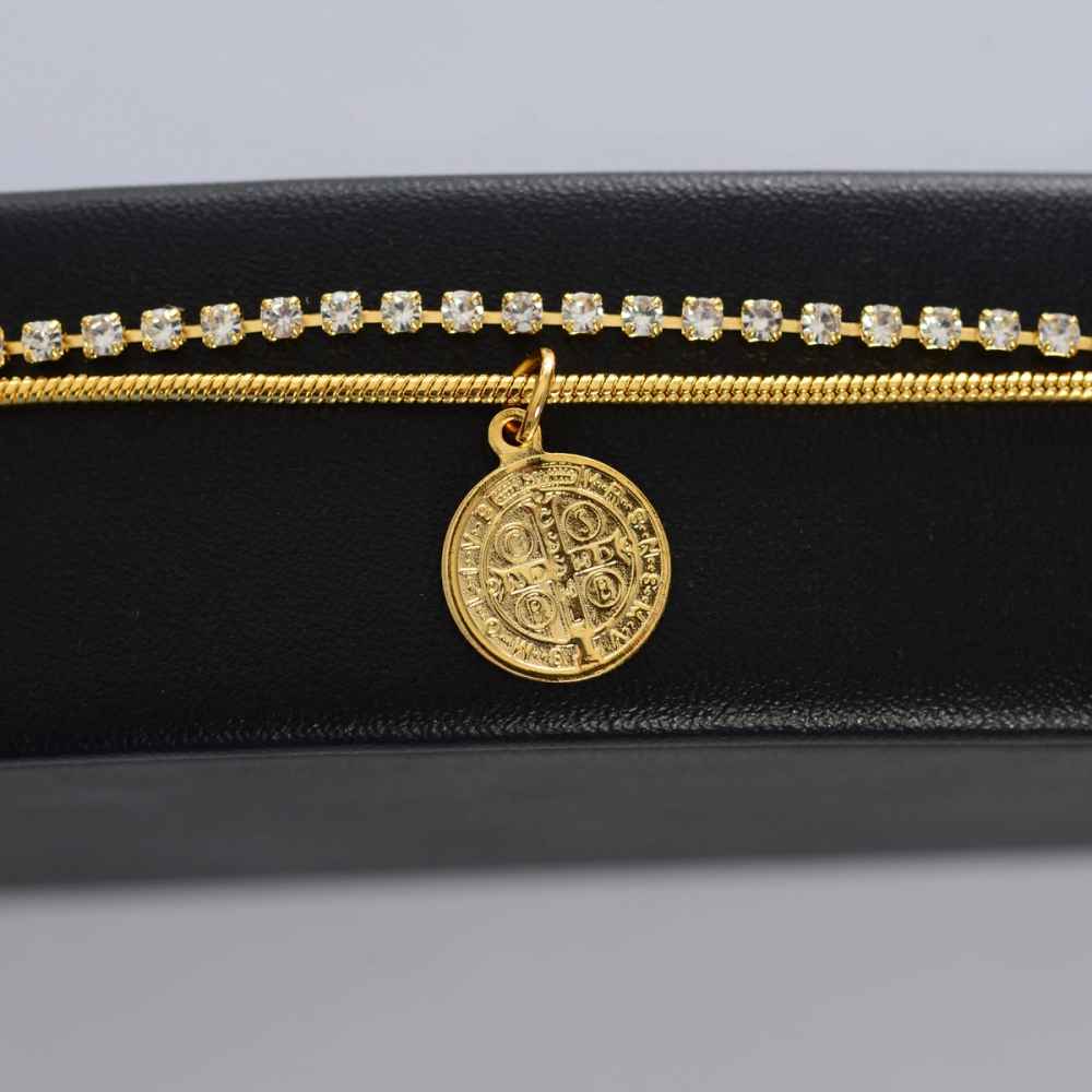 Pulseira Dupla Zircônia e Medalha de São Bento