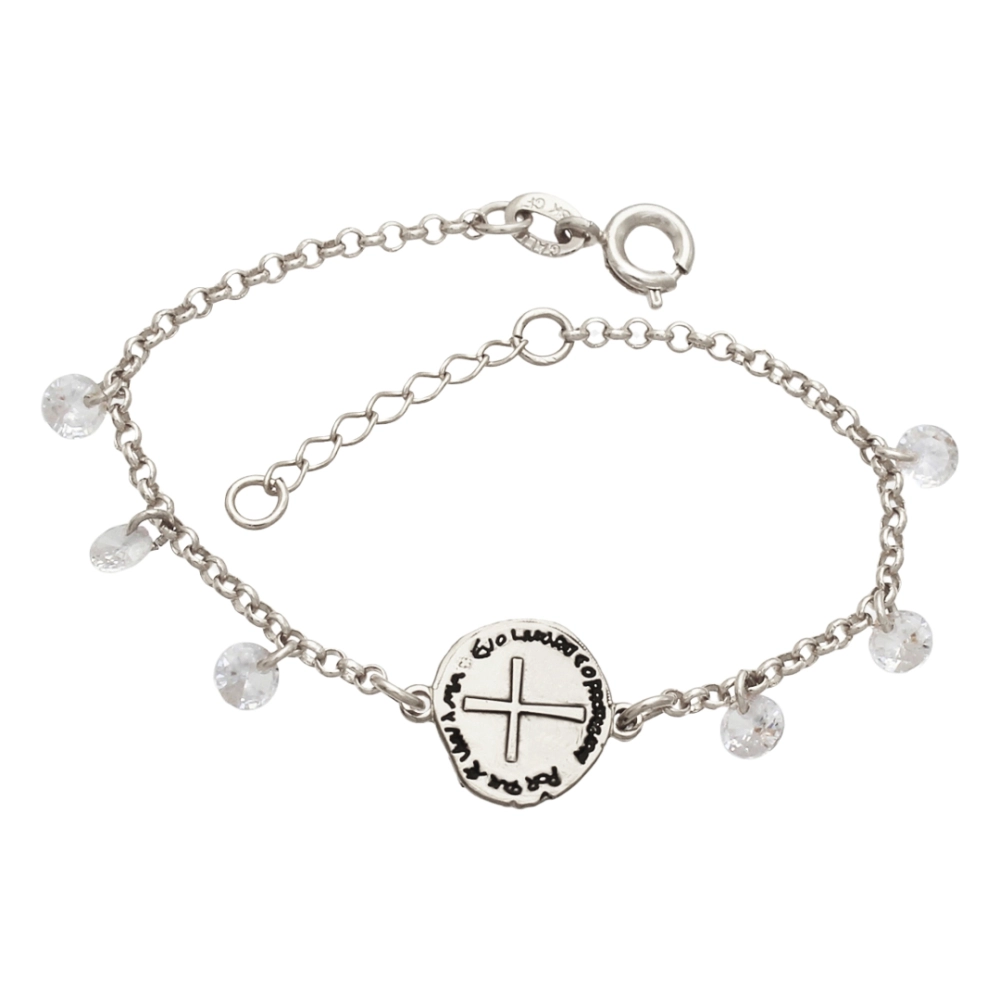 Pulseira Infantil Medalha das Duas Cruzes com Zircônia - Prata Pulseira Infantil Medalha das Duas Cruzes com Zircônia - Prata
