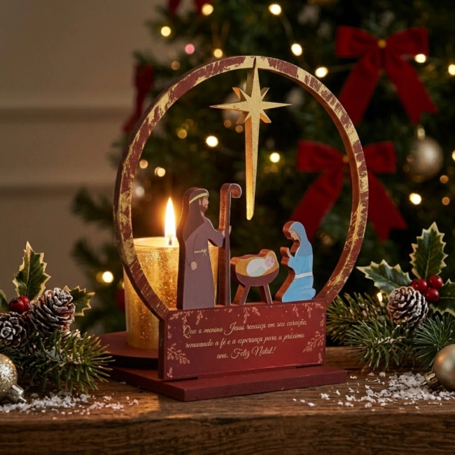 Adorno de Mesa Sagrada Família com Vela