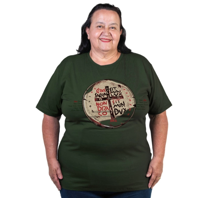 Baby Look Plus Size Medalha das Duas Cruzes - Verde Militar