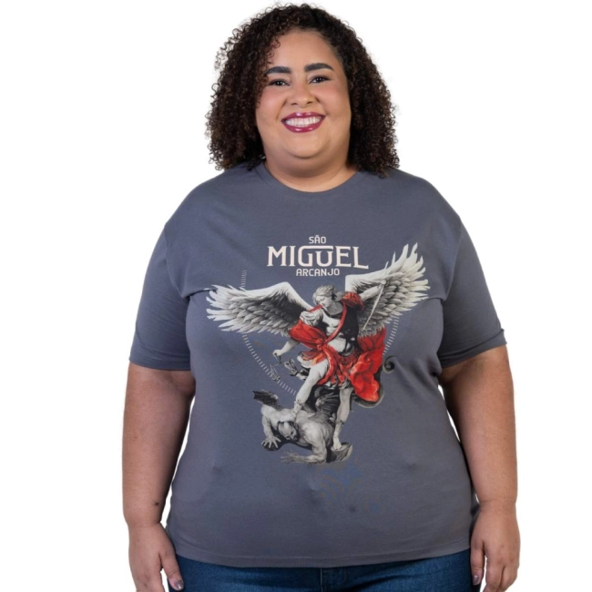 Baby Look Plus Size São Miguel Arcanjo - Cinza Metal Baby Look Plus Size São Miguel Arcanjo - Cinza Metal