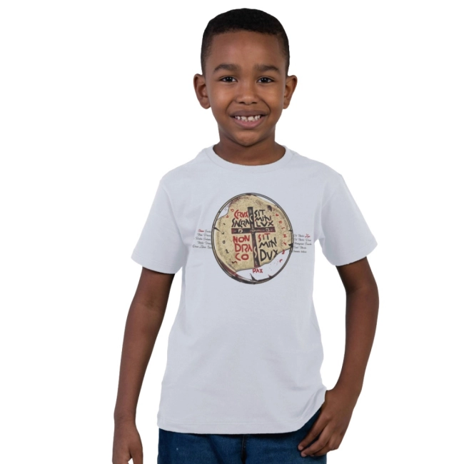 Camiseta Infantil Medalha das Duas Cruzes - Branco Camiseta Infantil Medalha das Duas Cruzes - Branco