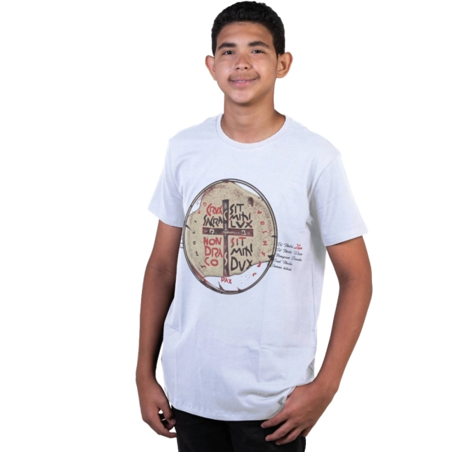 Camiseta Juvenil Medalha das Duas Cruzes - Branco Camiseta Juvenil Medalha das Duas Cruzes - Branco