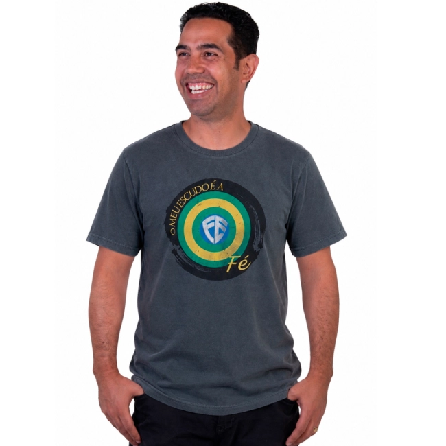 Camiseta Slim Meu Escudo é a Fé - Cinza Estonada