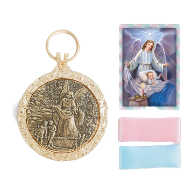 Medalhão de Berço Anjo Protetor Níquel Ouro Velho Medalhão de Berço Anjo Protetor Níquel Ouro Velho