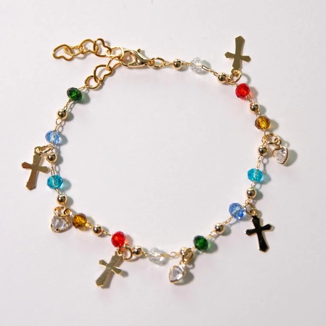 Pulseira Cristais Coloridos e Cruz