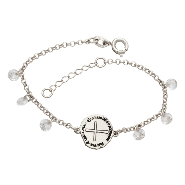 Pulseira Infantil Medalha das Duas Cruzes com Zircônia - Prata