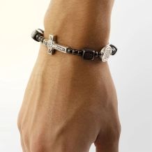 Pulseira Medalha Duas Cruzes Contas Quadradas