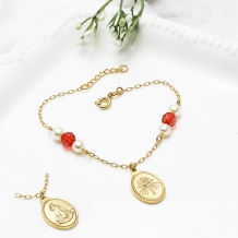 Pulseira Pérolas e Cristal Vermelho Jesus Misericordioso Pulseira Pérolas e Cristal Vermelho Jesus Misericordioso